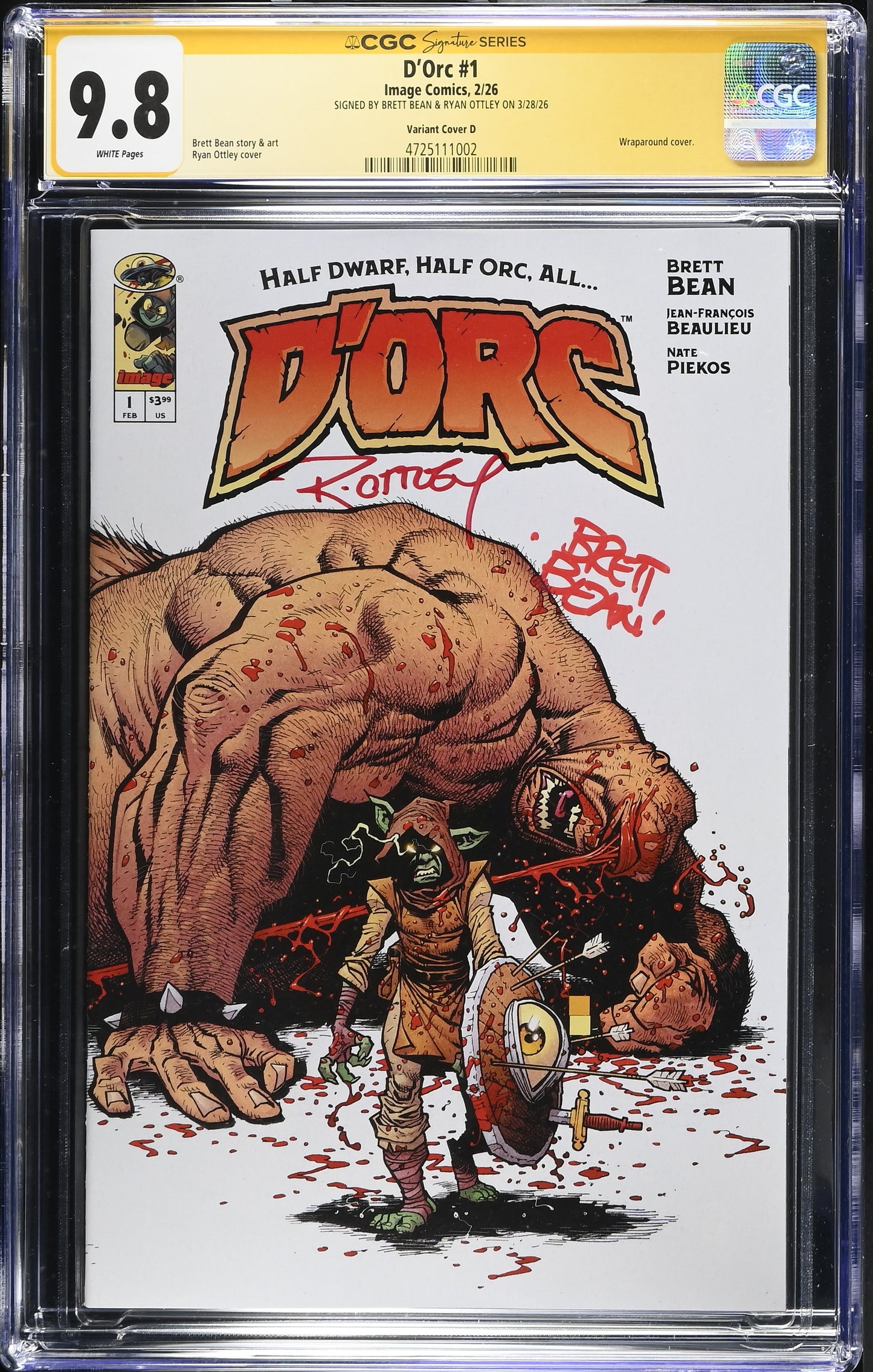 D'Orc #1 Cover D 1:25 Ratio Signed By Ottley & Bean CGC 9.8 - RARE